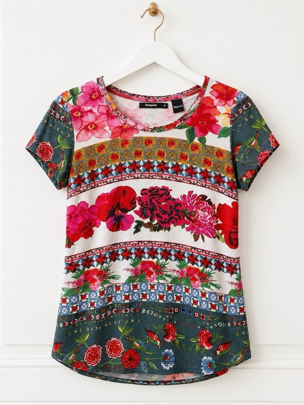 Desigual Womens XS Multicolor Floral Bird Graphic Print Short Sleeve T Shirt